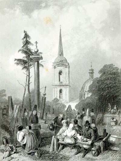 Begraafplaats van de Smolensko Kerk, gegraveerd door E.Smith door Alfred (after) Vickers