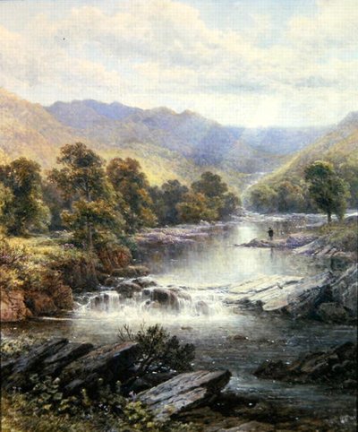Een visser in een rivierdal door Alfred Augustus (after) Glendening