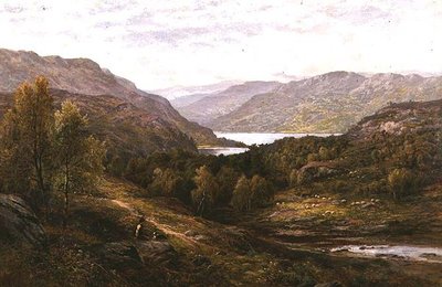 Een herdersjongen met zijn hond in een Hooglandlandschap door Alfred Augustus Glendening
