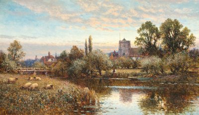 Schapen grazen voor de kerk van Wrotham, schemering door Alfred Augustus Glendening