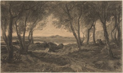 Een Koppel Zittend tussen Bomen boven een Meer door Alfred Bellet du Poisat