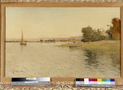 Boot en zeilboot aan de oever van het meer door Alfred Casile