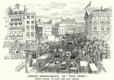 Punch cartoon: Verbeteringen in Londen. Een "open ruimte" - verkeersopstopping in Victoriaans Londen (gravure) door Alfred Chantrey Corbould