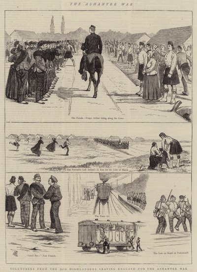 De Ashantee-oorlog, vrijwilligers van de 79e Highlanders verlaten Engeland voor de Ashantee-oorlog door Alfred Chantrey Corbould
