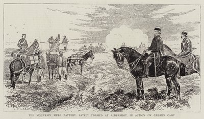 De bergmulebatterij, onlangs gevormd in Aldershot, in actie op Caesar