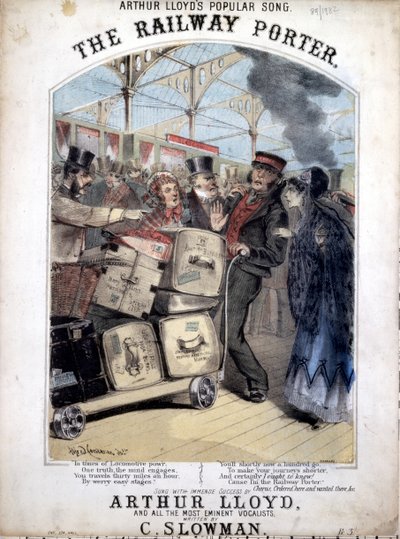 De Spoorwegportier, omslag van de bladmuziek voor een populair Victoriaans lied van C. Plowman, 1870 door Alfred Concanen