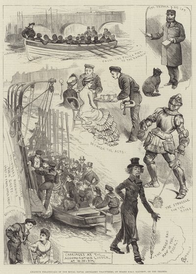 Amateur Toneel van de Royal Naval Artillery Volunteers, aan boord van HMS Rainbow, op de Theems door Alfred Courbould