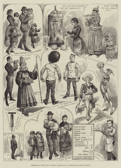Schetsen in de Royal Victoria Coffee Hall, Waterloo-Road, Zuid-Londen door Alfred Courbould