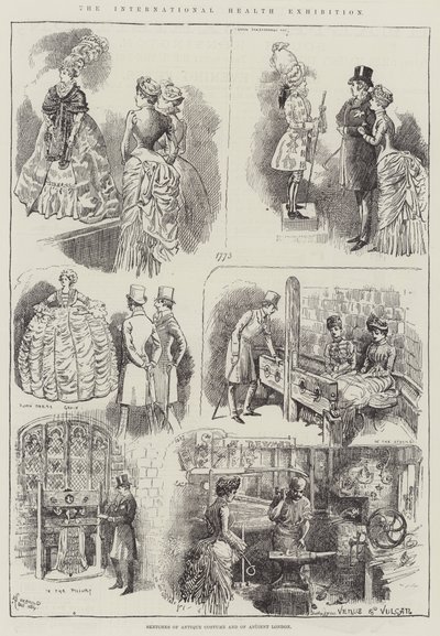 De Internationale Gezondheids Tentoonstelling, schetsen van antieke kostuums en van oud Londen door Alfred Courbould