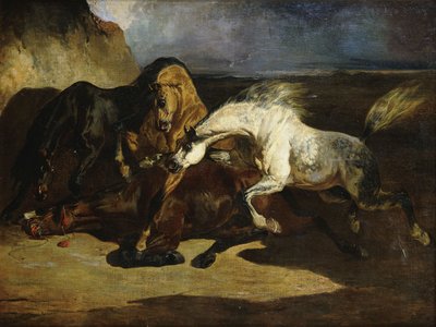 Hengsten vechten in een stormachtig landschap door Alfred Dedreux
