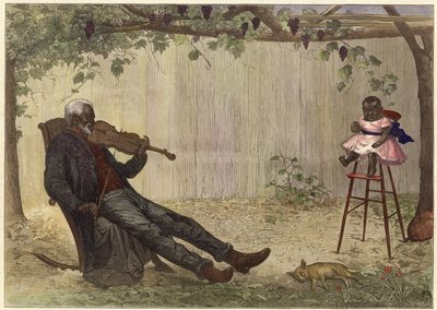 Oude zwarte man speelt viool voor baby (ingekleurde gravure) door Alfred Edward (after) Emslie