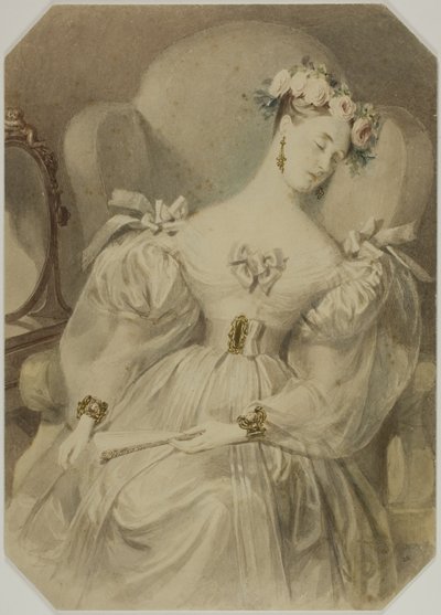Vrouw in Avondjurk Slapend in Fauteuil door Alfred Edward Chalon
