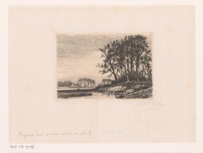 Landschap met bomen op een heuvel aan het water door Alfred Elsen