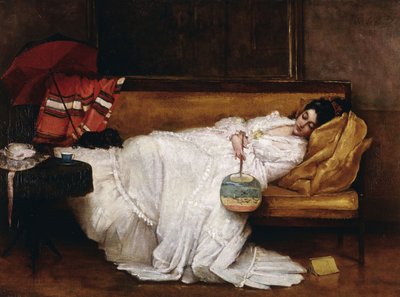 Een meisje met een Japanse waaier slapend op een sofa door Alfred Emile Stevens