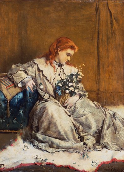 Dagdroom, jong roodharig meisje met blauwe ottomaan door Alfred Emile Stevens