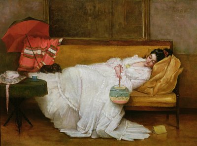 Meisje in een witte jurk rustend op een bank door Alfred Emile Stevens