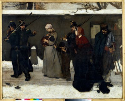 De zogenaamde landloperij zegt ook de jagers van Vincennes. Nationale gardes stoppen families op straat door Alfred Emile Stevens