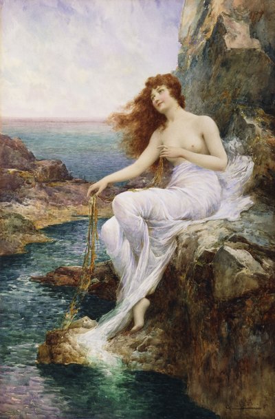 Een zeenimf zittend op een rots met een lint van zeewier, 1897 door Alfred Glendening