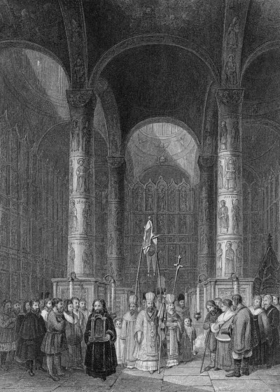Interieur van de Grote Kathedraal van de Hemelvaart, gegraveerd door T. Higham, 1835 door Alfred Gomersal Vickers