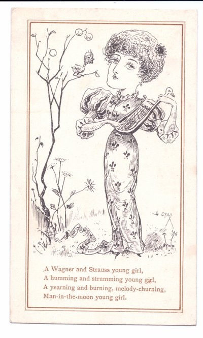 Victoriaanse wenskaart van een esthetische die luit speelt, ca. 1881 door Alfred Gray