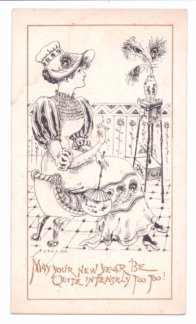 Victoriaanse nieuwjaarskaart van een estheet die een vaas met pauwenveren bewondert, c.1881 (monochroom) door Alfred Gray