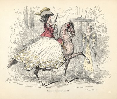Jachtkostuum voor een vrouw, tijdperk van koning Lodewijk XIII van Frankrijk door Alfred Grevin