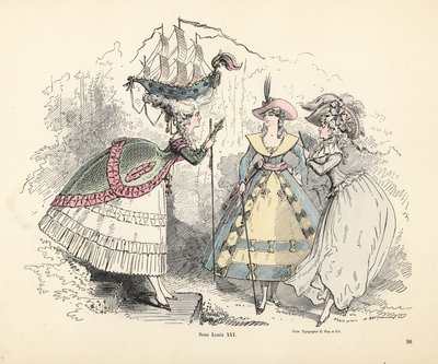 Vrouw met een slagschip in haar pouf kapsel, tijdperk van koning Lodewijk XIV door Alfred Grevin
