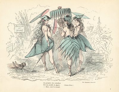 Vrouwen gekleed in vijgenbladjurken en hoeden, met bladeren in hun handen door Alfred Grevin