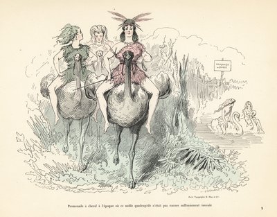 Vrouwen in dierenvellen en veren die op struisvogels en zwanen rijden door Alfred Grevin
