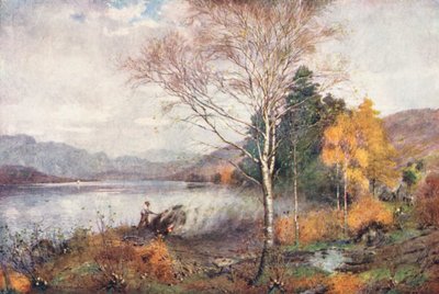 Lake District: Houtskoolbranders, Coniston Lake door Alfred Heaton Cooper