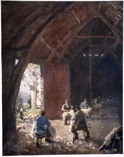 Schapenscheren, Esthwaite Hall Farm, uit een portfolio van prenten van de originele aquarellen, c.1920 door Alfred Heaton Cooper