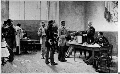 Verkiezingen, algemeen kiesrecht: een stembureau door A.M. Bramtot - Musée Carnavalet door Alfred Henri Bramtot