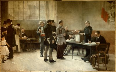 Algemeen kiesrecht Een stembureau in 1891 door Alfred Henri Bramtot
