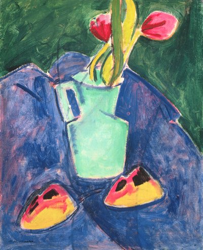 Bloemen in een groene vaas op paarse doek door Alfred Henry Maurer