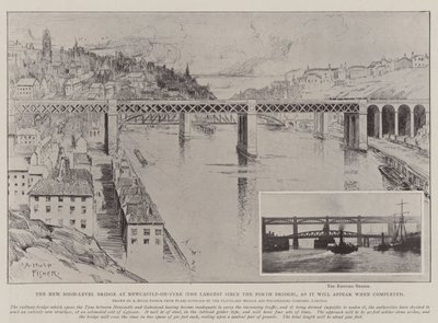 De Nieuwe Hooggelegen Brug in Newcastle-on-Tyne (de Grootste sinds de Forth Brug), zoals het eruit zal zien wanneer voltooid door Alfred Hugh Fisher