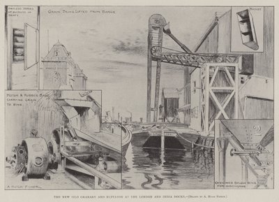 De nieuwe silo graanschuur en lift bij de London en India Docks door Alfred Hugh Fisher