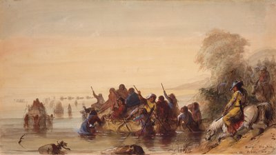 Bull Boating op de Platte River, c.1837 door Alfred Jacob Miller