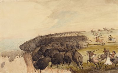 Kuddes Buffels over een Afgrond Drijven, ca. 1837 door Alfred Jacob Miller