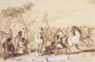 Avond, Paarden Piketeren, c.1837 door Alfred Jacob Miller