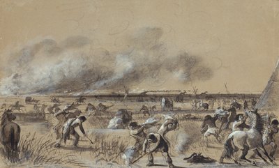 Brand op de prairie, het kamp in brand steken, ca. 1837 door Alfred Jacob Miller