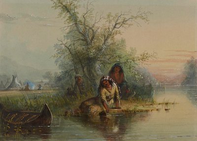 Indiaans kamp aan de rivier de Eau Sucre door Alfred Jacob Miller