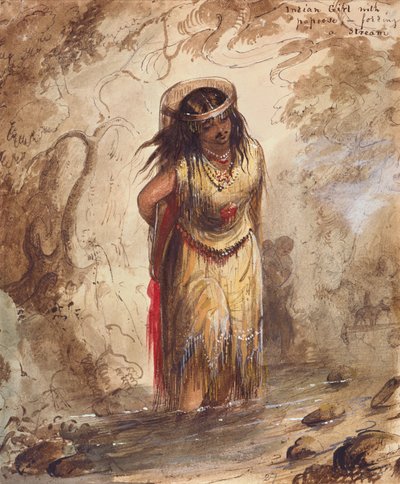 Indiaans Meisje met Papoose die een Stroom Oversteekt, c.1837 door Alfred Jacob Miller