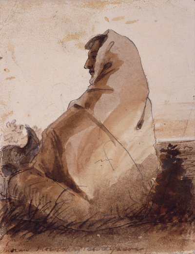 Indiaan rouwend bij een graf, gemarkeerd door een buffelschedel, c.1837 door Alfred Jacob Miller