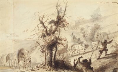 Het lossen van de karren, ca. 1837 door Alfred Jacob Miller