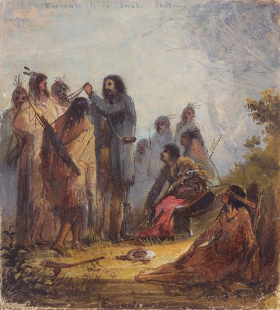 Geschenken aan de Slangenindianen, ca. 1837 door Alfred Jacob Miller