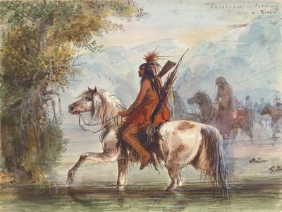 Shoshone-kamp dat een rivier doorwaadt, c.1837 door Alfred Jacob Miller