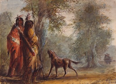 Snake Indianen kijken naar de nadering van een kano, c.1837 door Alfred Jacob Miller