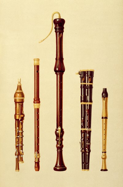 Een dubbele flageolet, een Duitse fluit, een basblokfluit, een dubbele flageolet en een blokfluit, uit 
