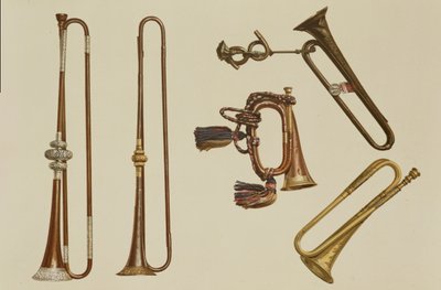 Cavalerietrompet, een bugel, een vergulde trompet gemaakt door John Harris c.1730, een trompet en een zilveromrande trompet door William Ball c.1680, uit 