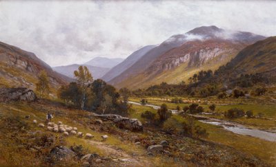 Een rivierdal met een bergachtig landschap daarachter door Alfred Jr. Glendening